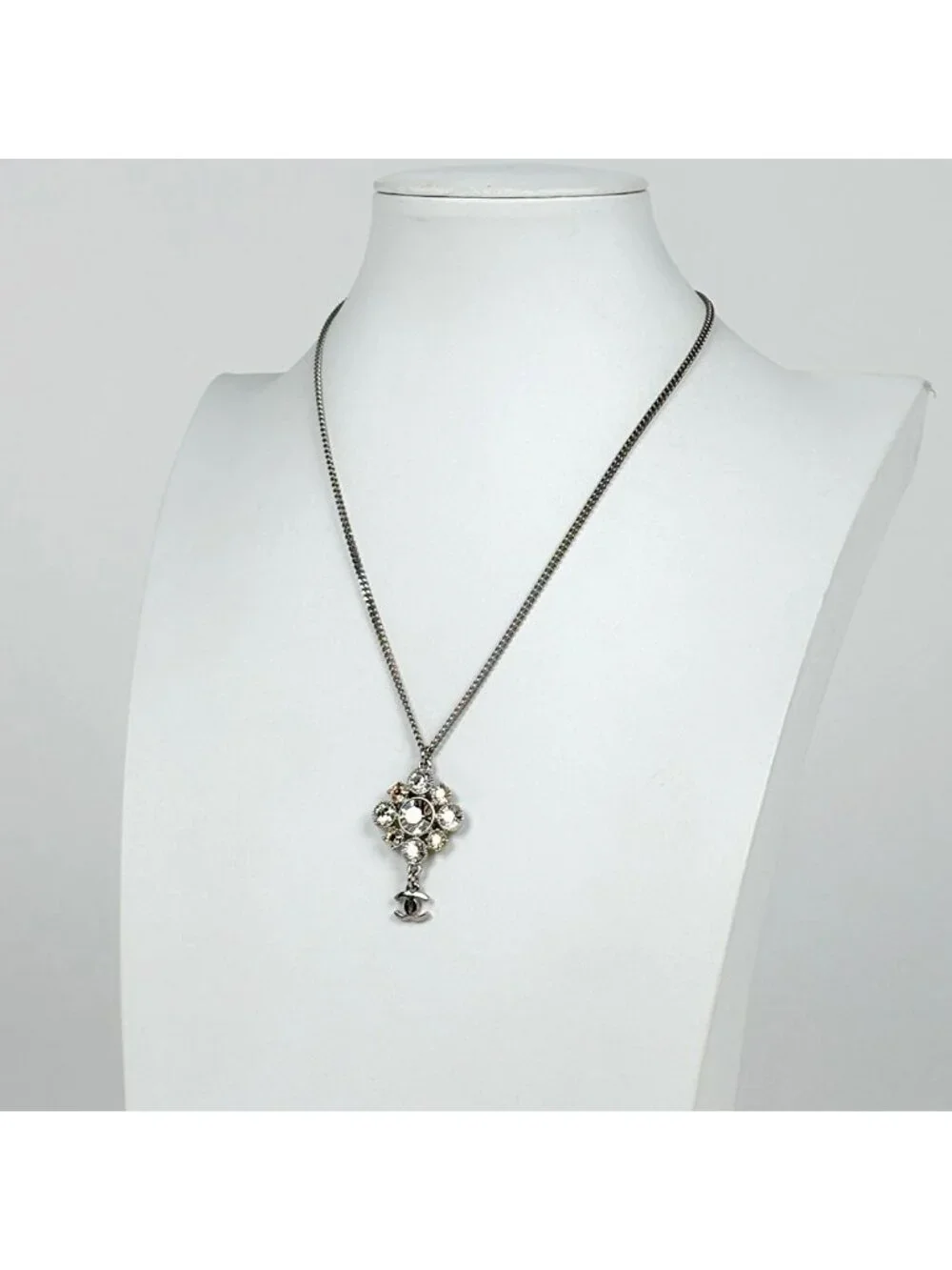 Chanel CC Logo Rhinestone Necklace Silver Plated